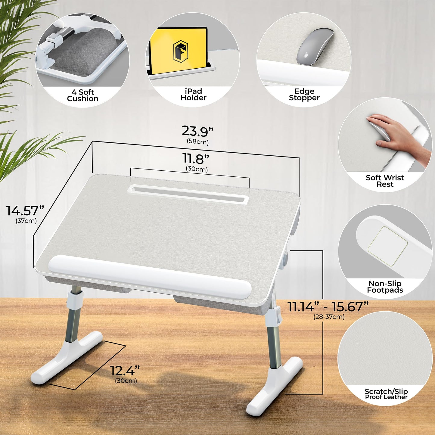 FoldWise 2-in-1 Bed Table & Lap Desk - Soft Cushions, Adjustable Height & Angle, Foldable with Wrist Rest, Tablet Holder, Edge Stopper & Laptop Table Non-Slip Leather, Ideal for Bed Desk, Sofa & Chair