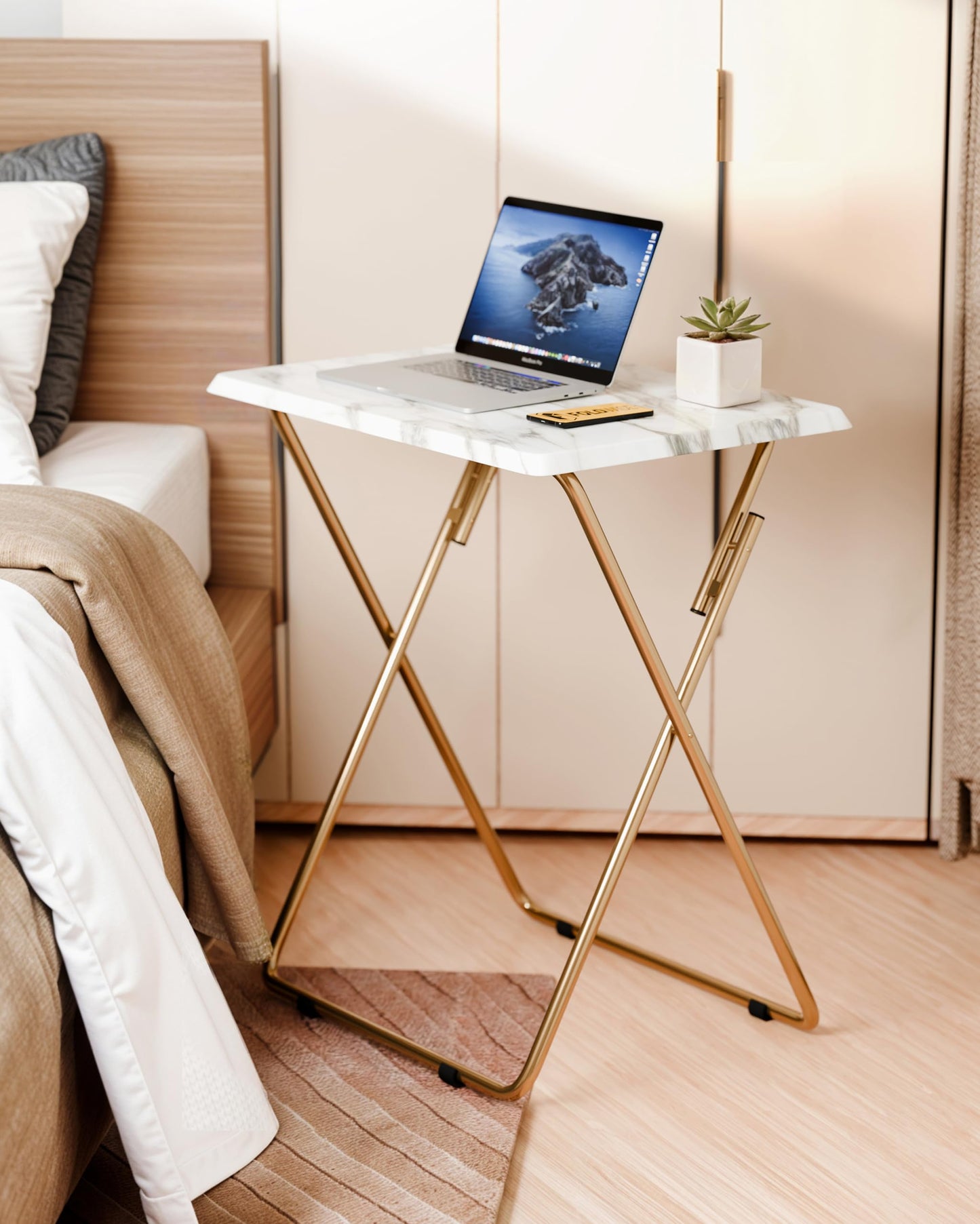 FoldWise Elegant Marble Stone Effect Folding Side Table – Fully Assembled Small Foldable Coffee Table & TV Dinner Tray – Compact Table for Eating, Snack, Bedside & Sofa Use