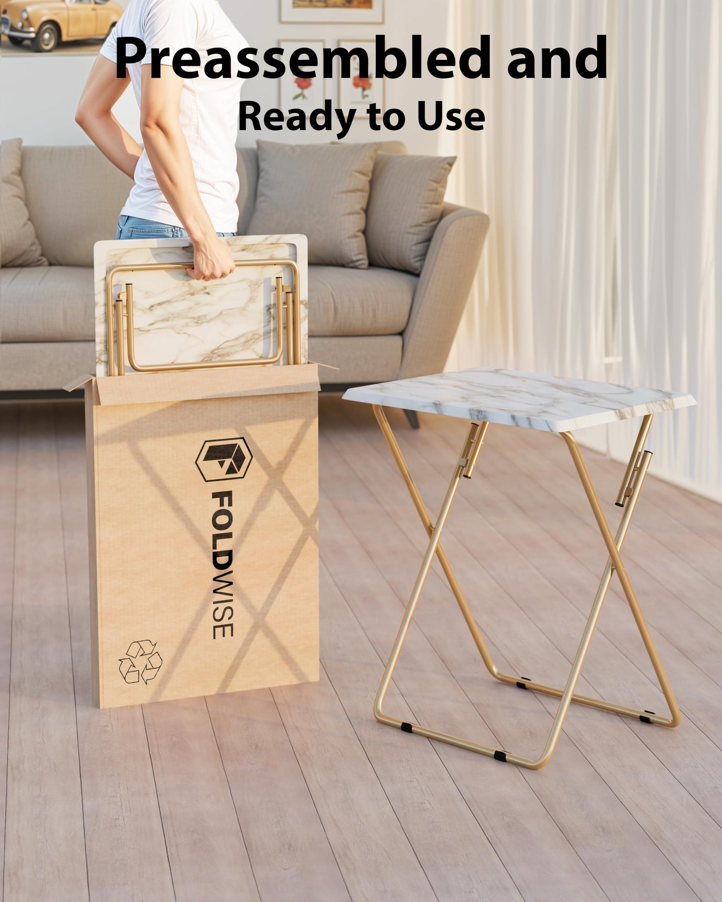 FoldWise Elegant Marble Stone Effect Folding Side Table – Fully Assembled Small Foldable Coffee Table & TV Dinner Tray – Compact Table for Eating, Snack, Bedside & Sofa Use