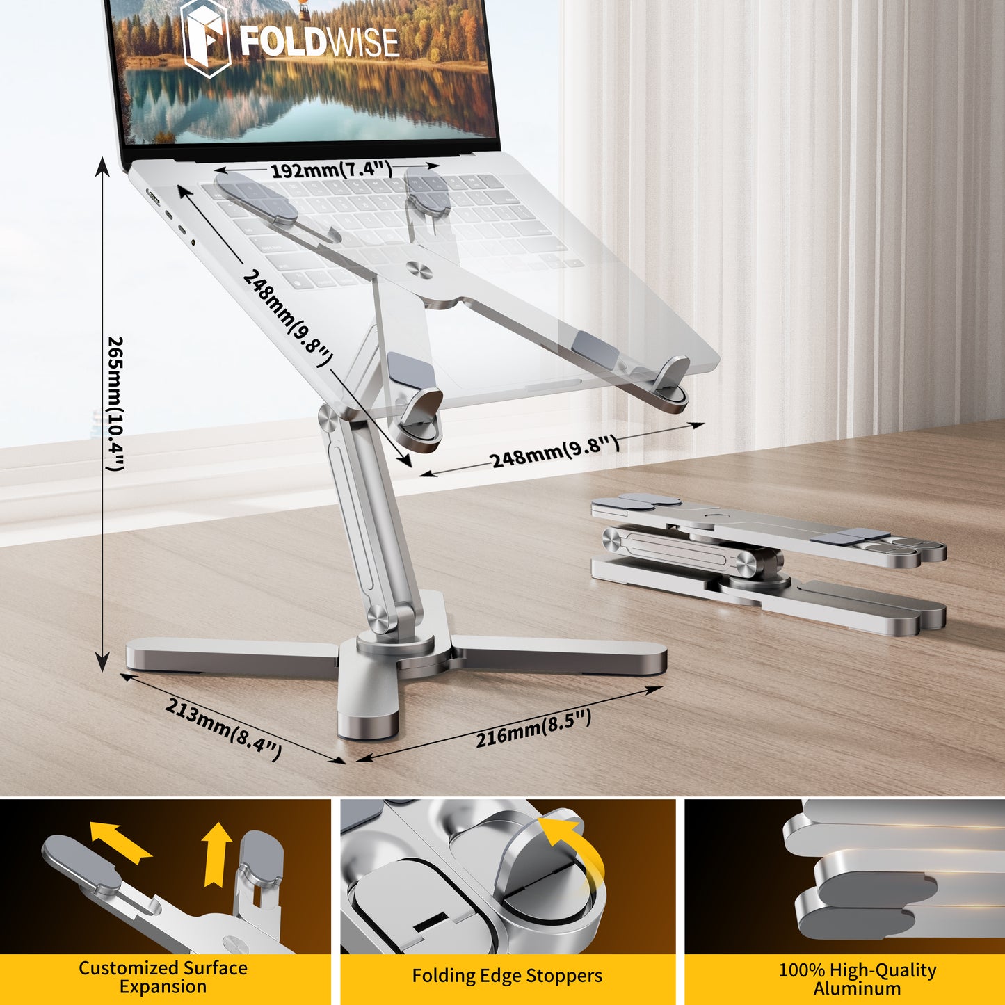 FoldWise X Premium Laptop Stand for Desk - 100% Aluminum, Portable & 360° Rotating - Adjustable Height & Angles Laptop Riser - Sturdy & Foldable MacBook Stand Compatible with All 11-18” Devices