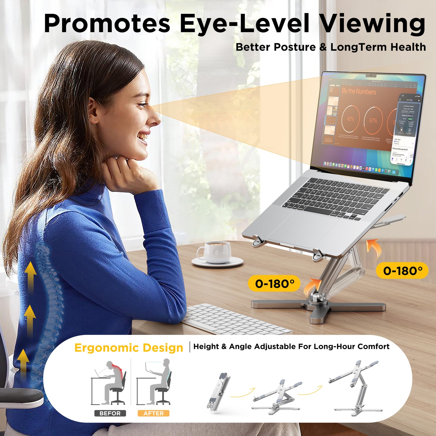 FoldWise X Premium Laptop Stand for Desk - 100% Aluminum, Portable & 360° Rotating - Adjustable Height & Angles Laptop Riser - Sturdy & Foldable MacBook Stand Compatible with All 11-18” Devices