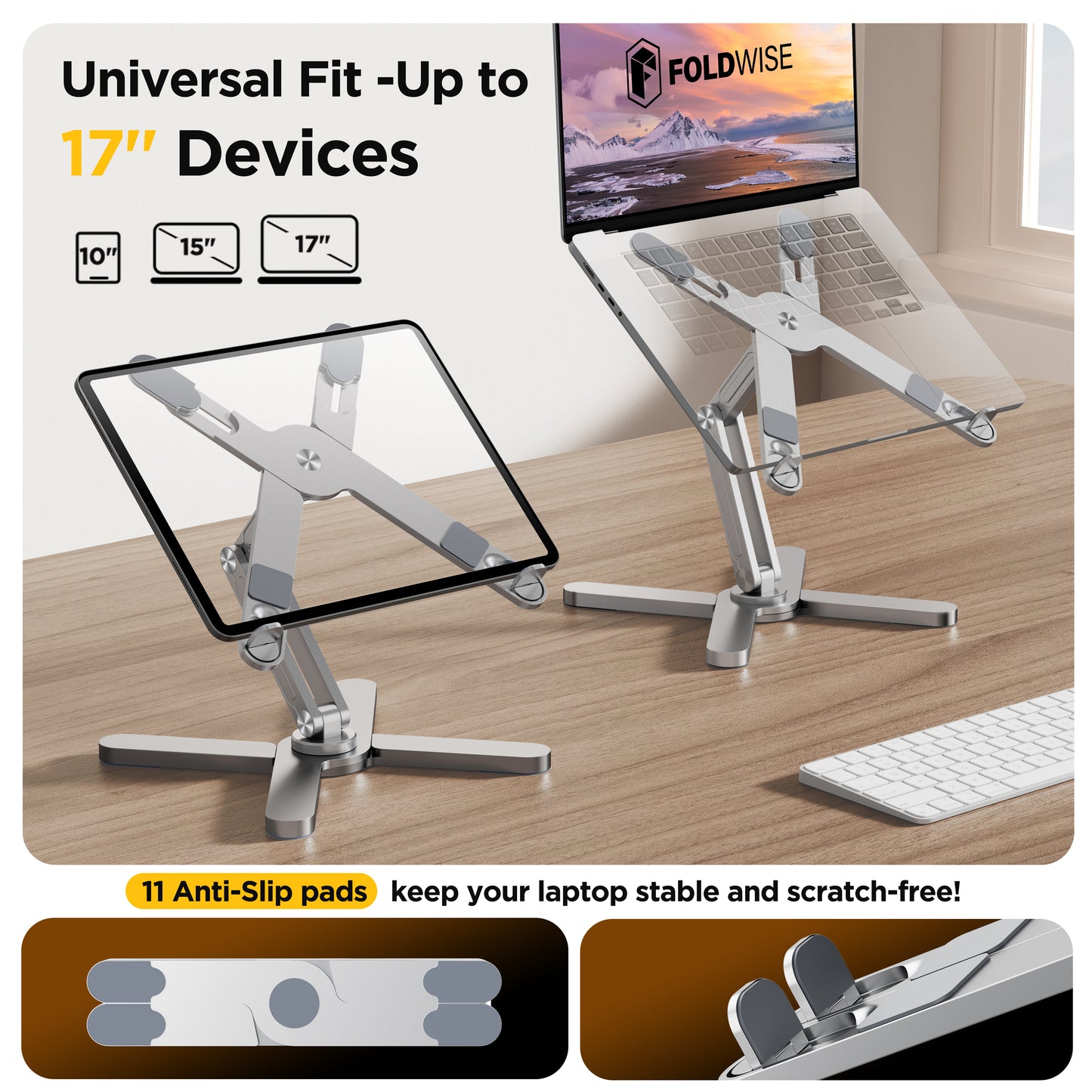 FoldWise X Premium Laptop Stand for Desk - 100% Aluminum, Portable & 360° Rotating - Adjustable Height & Angles Laptop Riser - Sturdy & Foldable MacBook Stand Compatible with All 11-18” Devices