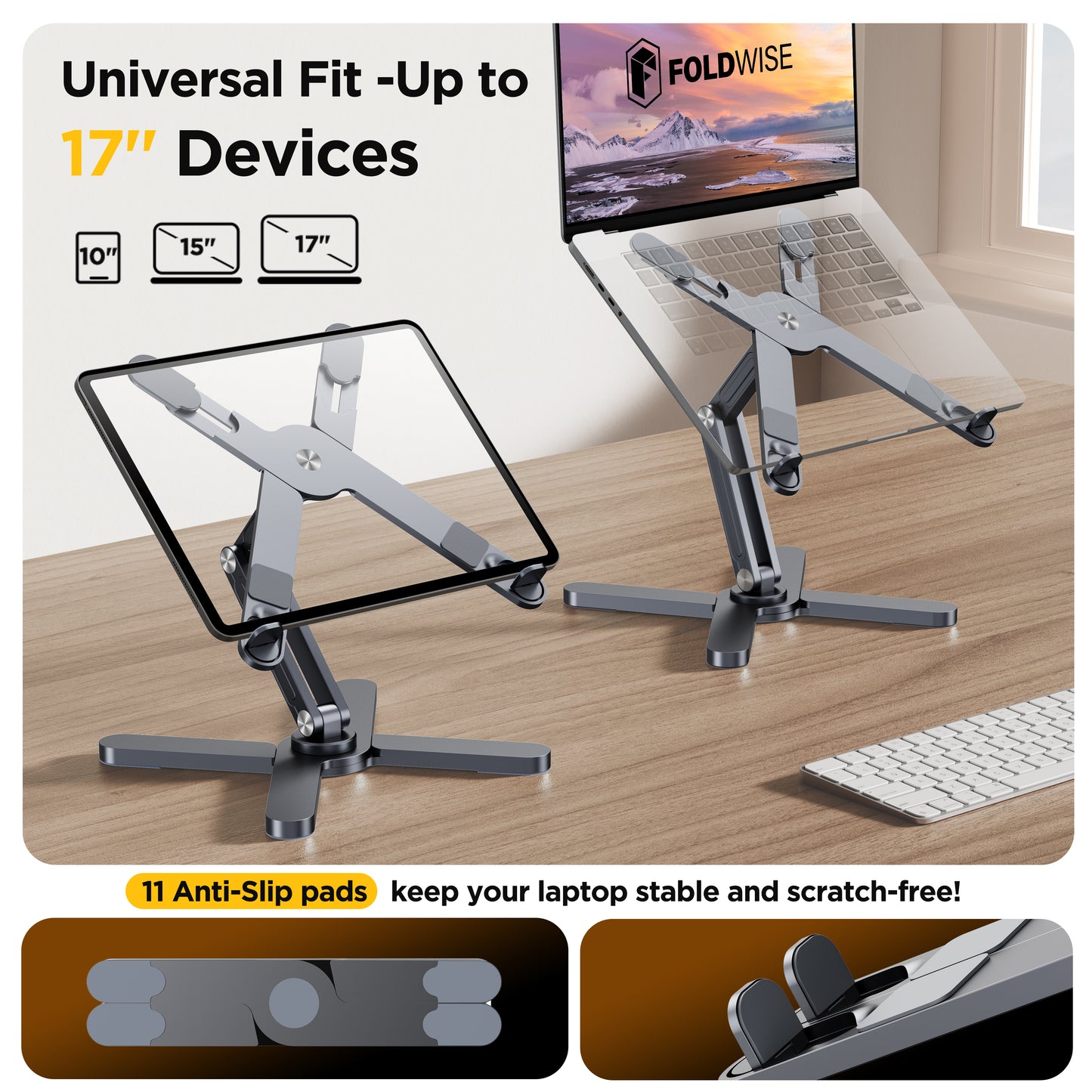 FoldWise X Premium Laptop Stand for Desk - 100% Aluminum, Portable & 360° Rotating - Adjustable Height & Angles Laptop Riser - Sturdy & Foldable MacBook Stand Compatible with All 11-18” Devices