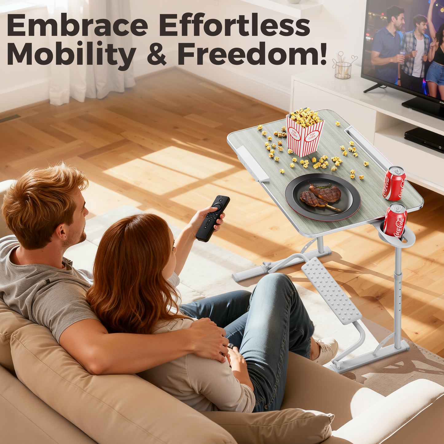 FoldWise Upgraded Folding TV Tray Table - Extra Large & Sturdy Laptop Table for Couch, Height & Angle Adjustable Desk for Dinner, Work & TV - Includes Footrest, Cup Holder, iPad Holder & Edge Stopper