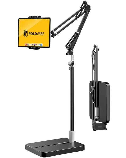 FoldWise Foldable iPad & Tablet Floor Stand — 360° Rotating, Height & Angle Adjustable | Sturdy 11lb Weighted Base | Compatible with iPad Pro, Kindle, Switch & All Tablets