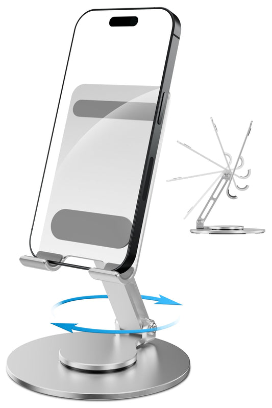 FoldWise Foldable Phone Stand - 100% Aluminum, 360° Rotation, Mobile Phone Holder for Desk, iPhone Stand, Adjustable and Portable - Perfect for Sharing Content - Silver
