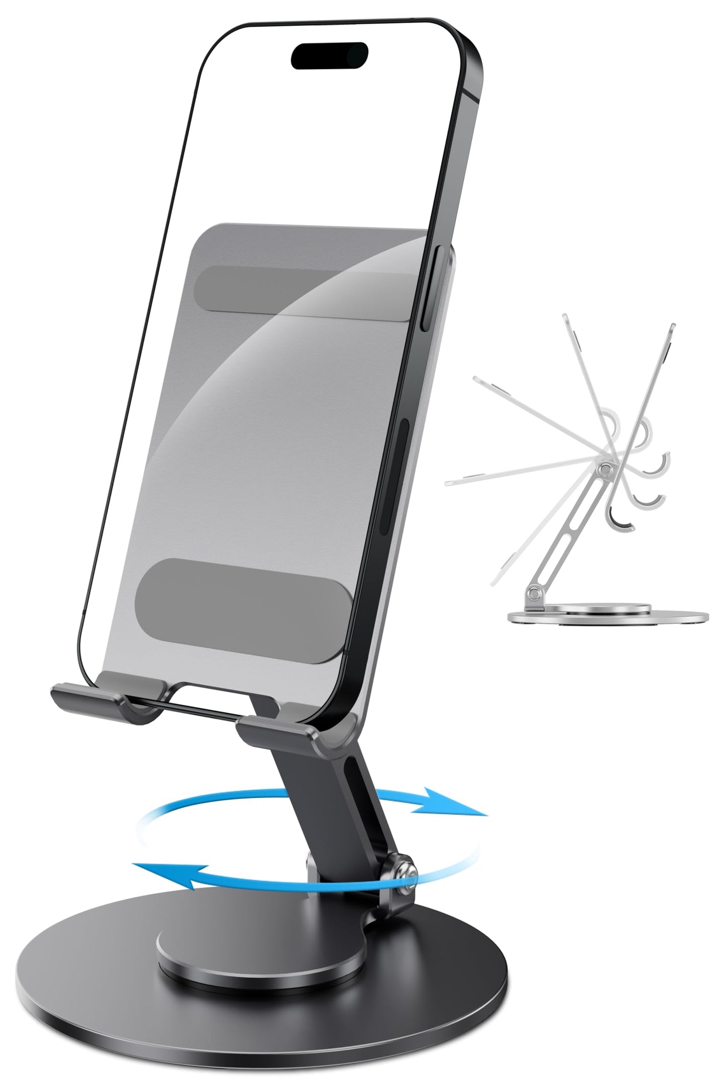 FoldWise Foldable Phone Stand - 100% Aluminum, 360° Rotation, Mobile Phone Holder for Desk, iPhone Stand, Adjustable and Portable - Perfect for Sharing Content - Grey