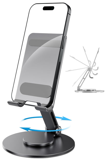 FoldWise Foldable Phone Stand - 100% Aluminum, 360° Rotation, Mobile Phone Holder for Desk, iPhone Stand, Adjustable and Portable - Perfect for Sharing Content - Grey