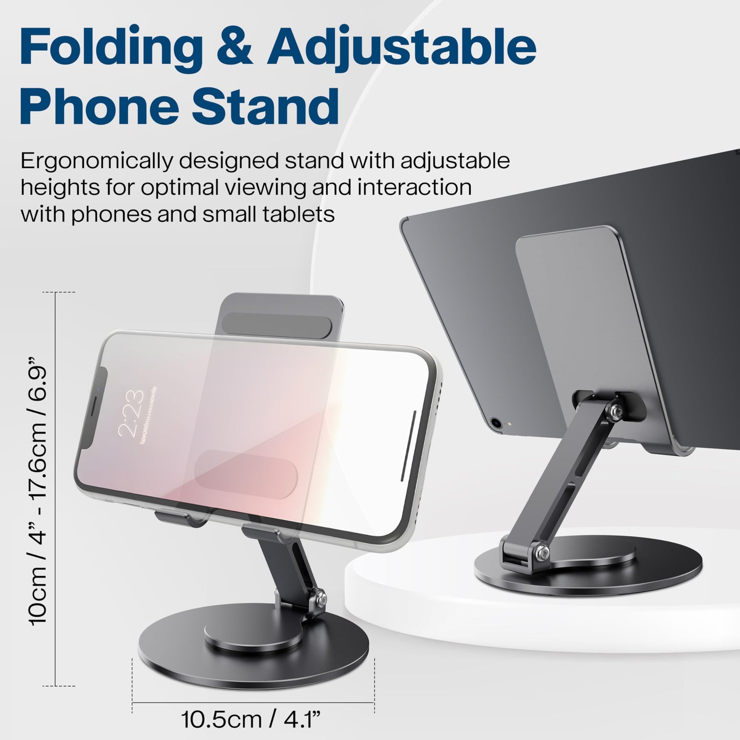 FoldWise Foldable Phone Stand - 100% Aluminum, 360° Rotation, Mobile Phone Holder for Desk, iPhone Stand, Adjustable and Portable - Perfect for Sharing Content - Grey
