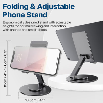 FoldWise Foldable Phone Stand - 100% Aluminum, 360° Rotation, Mobile Phone Holder for Desk, iPhone Stand, Adjustable and Portable - Perfect for Sharing Content - Grey