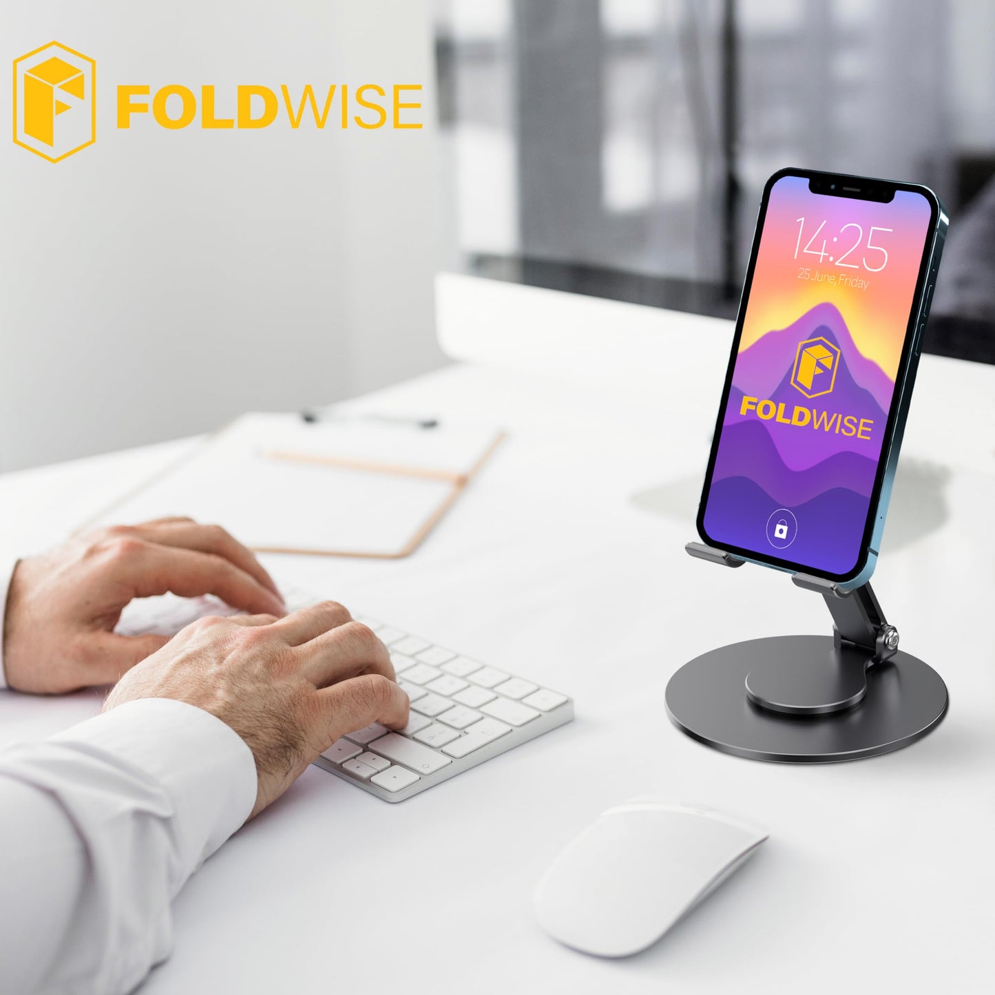 FoldWise Foldable Phone Stand - 100% Aluminum, 360° Rotation, Mobile Phone Holder for Desk, iPhone Stand, Adjustable and Portable - Perfect for Sharing Content - Grey