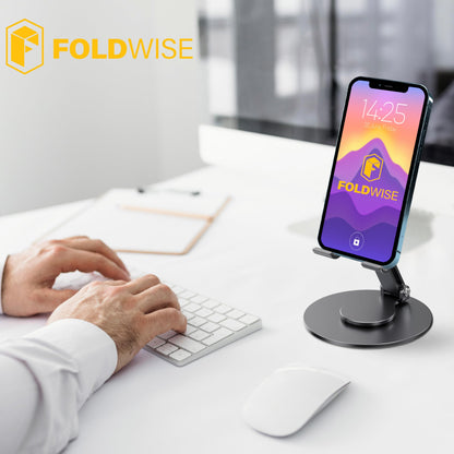 FoldWise Foldable Phone Stand - 100% Aluminum, 360° Rotation, Mobile Phone Holder for Desk, iPhone Stand, Adjustable and Portable - Perfect for Sharing Content - Grey