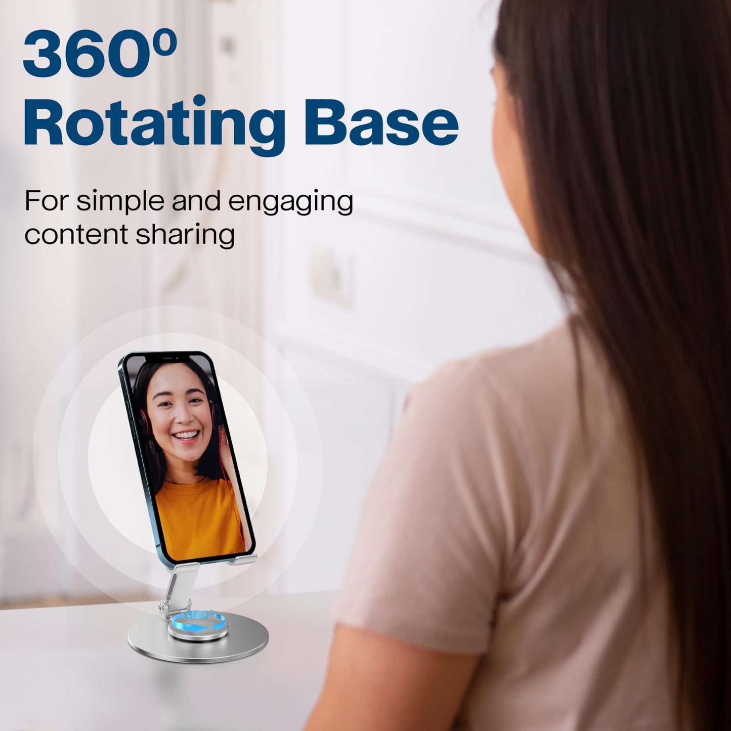 FoldWise Foldable Phone Stand - 100% Aluminum, 360° Rotation, Mobile Phone Holder for Desk, iPhone Stand, Adjustable and Portable - Perfect for Sharing Content - Silver