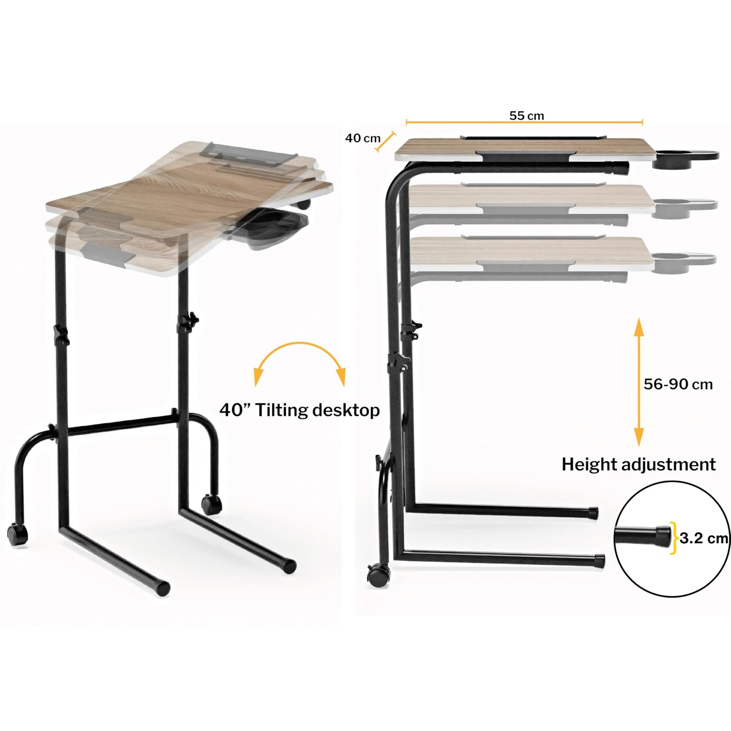 FoldWise Overbed Table Wheeled - Height Adjustable Desk for Bed & Tilting Desktop - Portable Wooden Desk for Optimal Work, Eat & Study with Cup Holder, Tablet Holder & Detachable Edge Stopper Device