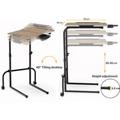 FoldWise Overbed Table Wheeled - Height Adjustable Desk for Bed & Tilting Desktop - Portable Wooden Desk for Optimal Work, Eat & Study with Cup Holder, Tablet Holder & Detachable Edge Stopper Device