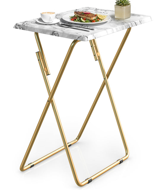 FoldWise Elegant Marble Stone Effect Folding Side Table – Fully Assembled Small Foldable Coffee Table & TV Dinner Tray – Compact Table for Eating, Snack, Bedside & Sofa Use