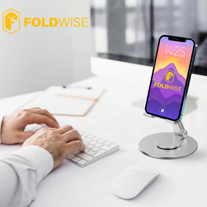 FoldWise Foldable Phone Stand - 100% Aluminum, 360° Rotation, Mobile Phone Holder for Desk, iPhone Stand, Adjustable and Portable - Perfect for Sharing Content - Silver