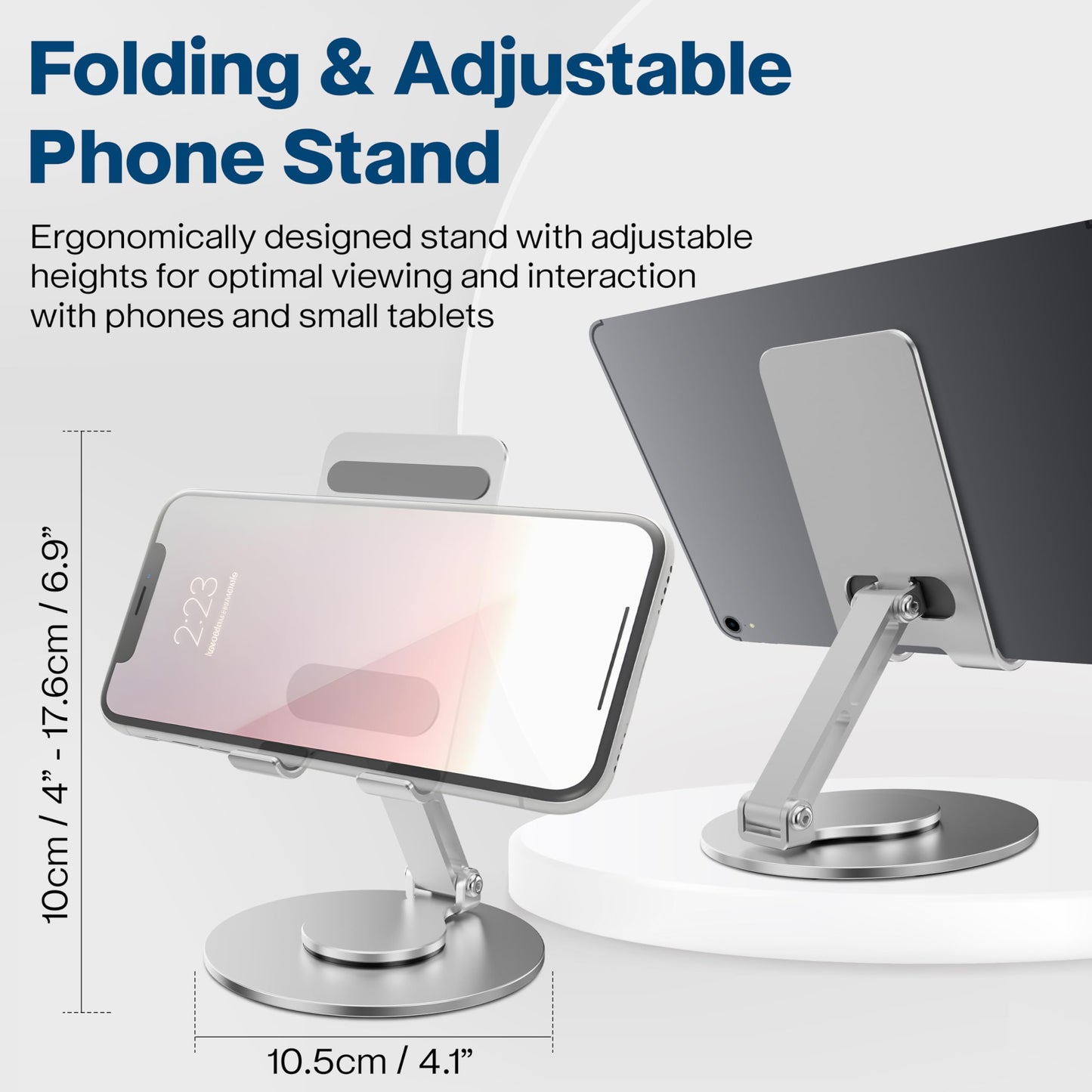 FoldWise Foldable Phone Stand - 100% Aluminum, 360° Rotation, Mobile Phone Holder for Desk, iPhone Stand, Adjustable and Portable - Perfect for Sharing Content - Silver