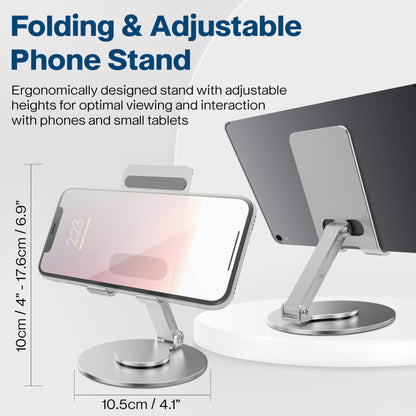 FoldWise Foldable Phone Stand - 100% Aluminum, 360° Rotation, Mobile Phone Holder for Desk, iPhone Stand, Adjustable and Portable - Perfect for Sharing Content - Silver