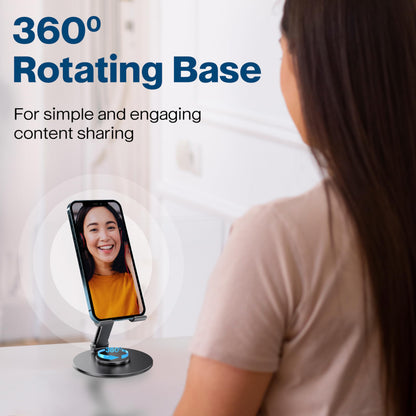 FoldWise Foldable Phone Stand - 100% Aluminum, 360° Rotation, Mobile Phone Holder for Desk, iPhone Stand, Adjustable and Portable - Perfect for Sharing Content - Grey