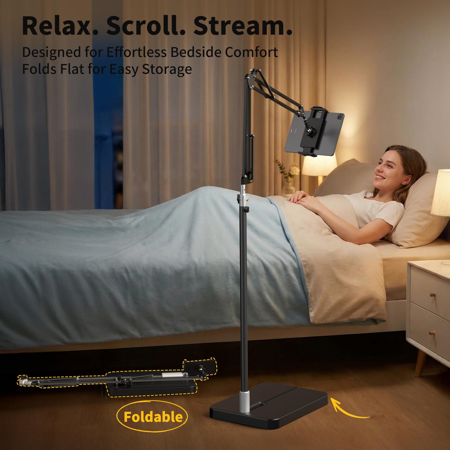 FoldWise Foldable iPad & Tablet Floor Stand — 360° Rotating, Height & Angle Adjustable | Sturdy 11lb Weighted Base | Compatible with iPad Pro, Kindle, Switch & All Tablets