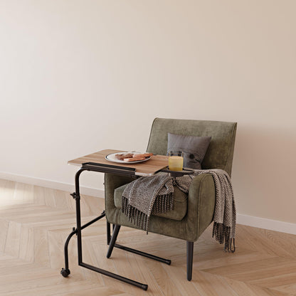 FoldWise Overbed Table Wheeled - Height Adjustable Desk for Bed & Tilting Desktop - Portable Wooden Desk for Optimal Work, Eat & Study with Cup Holder, Tablet Holder & Detachable Edge Stopper Device