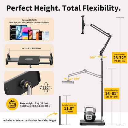 FoldWise Foldable iPad & Tablet Floor Stand — 360° Rotating, Height & Angle Adjustable | Sturdy 11lb Weighted Base | Compatible with iPad Pro, Kindle, Switch & All Tablets