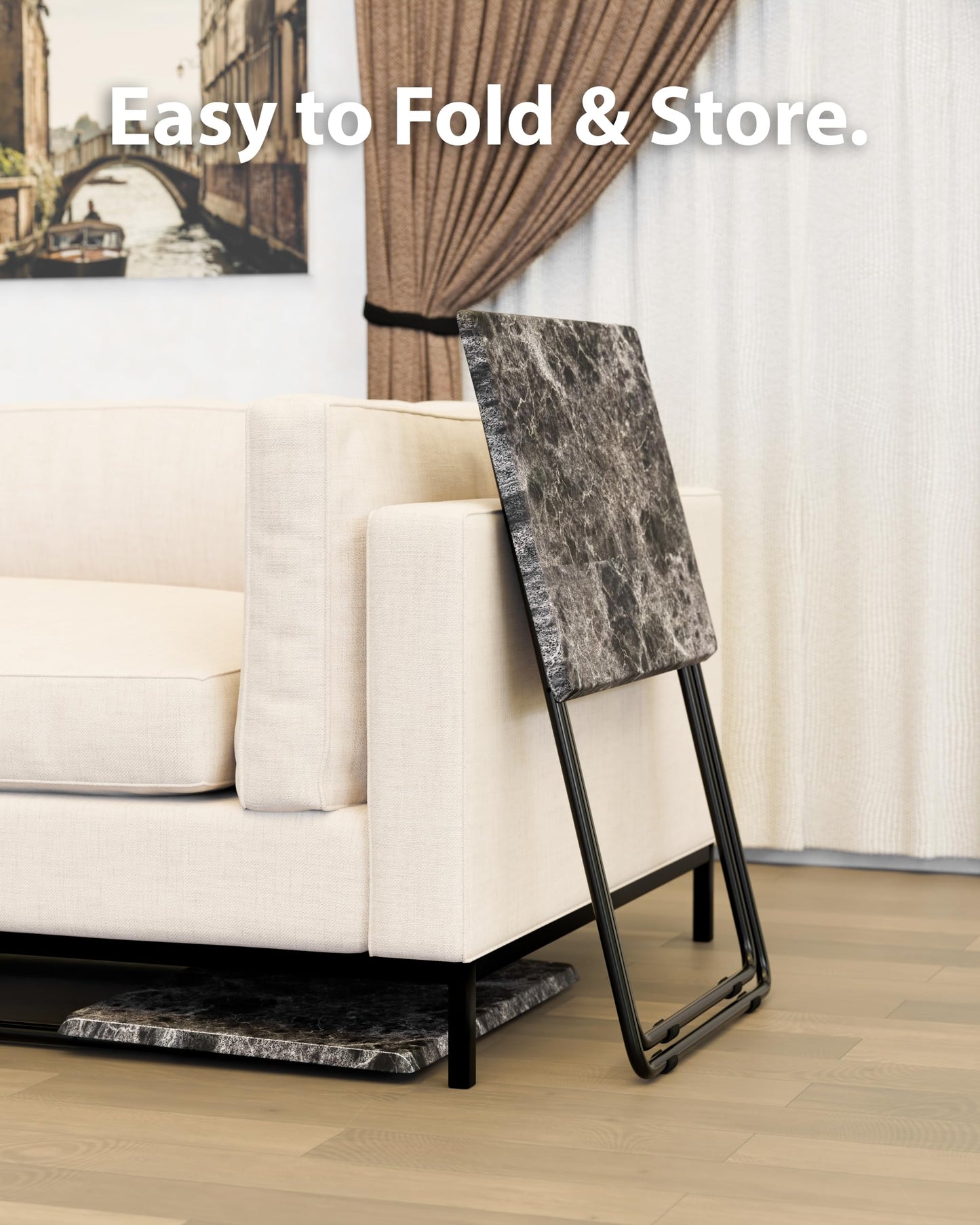 FoldWise Elegant Marble Stone Effect Folding Side Table – Fully Assembled Small Foldable Coffee Table & TV Dinner Tray – Compact Table for Eating, Snack, Bedside & Sofa Use