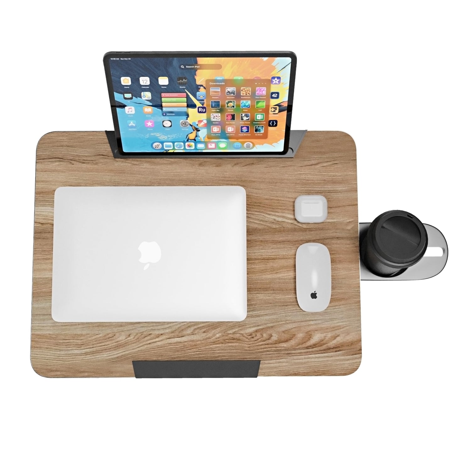 FoldWise Overbed Table Wheeled - Height Adjustable Desk for Bed & Tilting Desktop - Portable Wooden Desk for Optimal Work, Eat & Study with Cup Holder, Tablet Holder & Detachable Edge Stopper Device