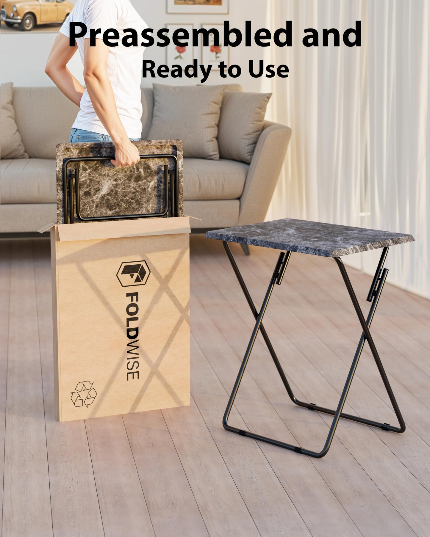 FoldWise Elegant Marble Stone Effect Folding Side Table – Fully Assembled Small Foldable Coffee Table & TV Dinner Tray – Compact Table for Eating, Snack, Bedside & Sofa Use