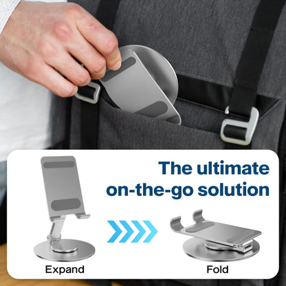 FoldWise Foldable Phone Stand - 100% Aluminum, 360° Rotation, Mobile Phone Holder for Desk, iPhone Stand, Adjustable and Portable - Perfect for Sharing Content - Silver