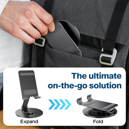 FoldWise Foldable Phone Stand - 100% Aluminum, 360° Rotation, Mobile Phone Holder for Desk, iPhone Stand, Adjustable and Portable - Perfect for Sharing Content - Grey
