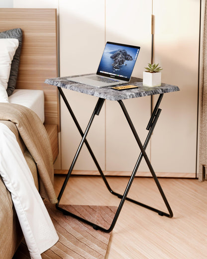FoldWise Elegant Marble Stone Effect Folding Side Table – Fully Assembled Small Foldable Coffee Table & TV Dinner Tray – Compact Table for Eating, Snack, Bedside & Sofa Use