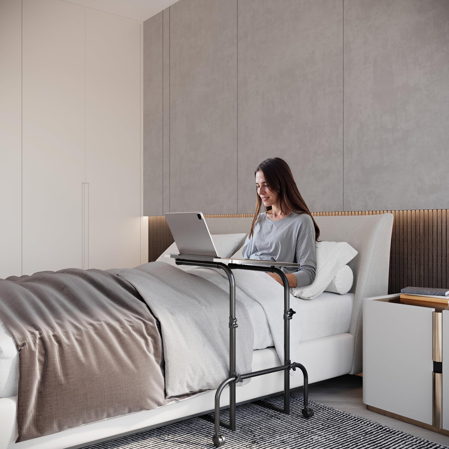 FoldWise Overbed Table Wheeled - Height Adjustable Desk for Bed & Tilting Desktop - Portable Wooden Desk for Optimal Work, Eat & Study with Cup Holder, Tablet Holder & Detachable Edge Stopper Device