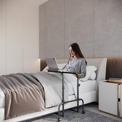 FoldWise Overbed Table Wheeled - Height Adjustable Desk for Bed & Tilting Desktop - Portable Wooden Desk for Optimal Work, Eat & Study with Cup Holder, Tablet Holder & Detachable Edge Stopper Device