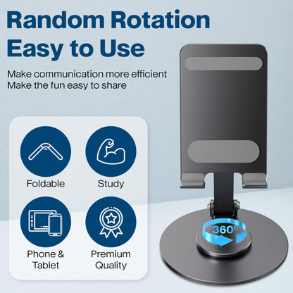 FoldWise Foldable Phone Stand - 100% Aluminum, 360° Rotation, Mobile Phone Holder for Desk, iPhone Stand, Adjustable and Portable - Perfect for Sharing Content - Grey