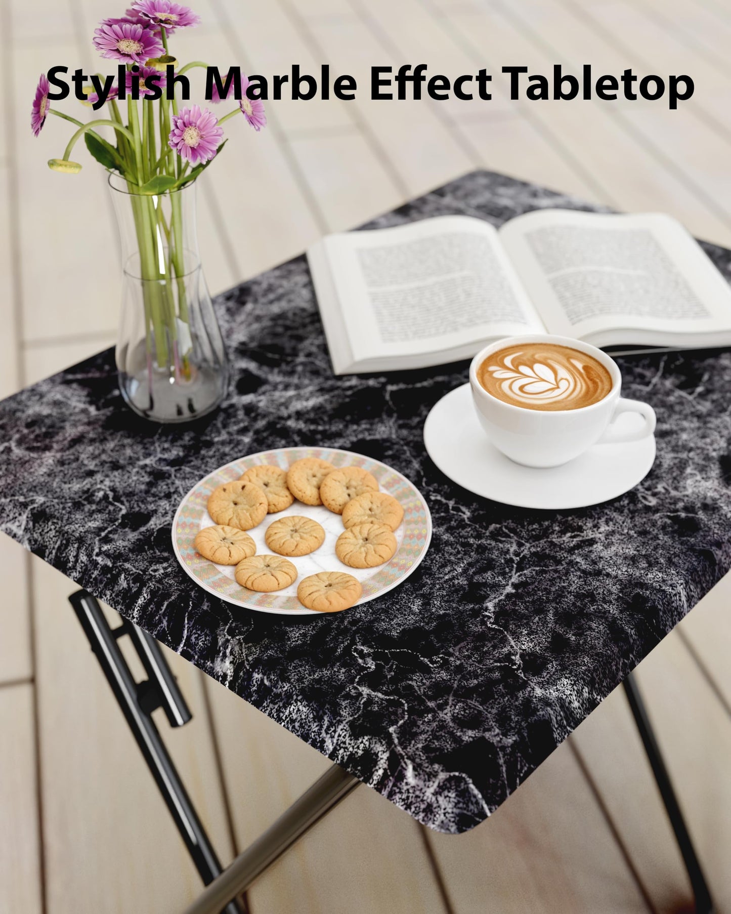 FoldWise Elegant Marble Stone Effect Folding Side Table – Fully Assembled Small Foldable Coffee Table & TV Dinner Tray – Compact Table for Eating, Snack, Bedside & Sofa Use