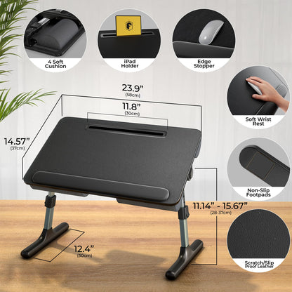 FoldWise 2-in-1 Bed Table & Lap Desk - Soft Cushions, Adjustable Height & Angle, Foldable with Wrist Rest, Tablet Holder, Edge Stopper & Laptop Table Non-Slip Leather, Ideal for Bed Desk, Sofa & Chair - Black