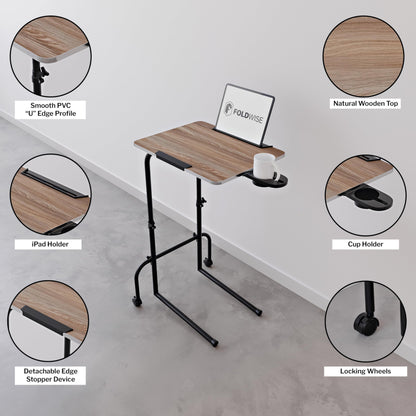 FoldWise Overbed Table Wheeled - Height Adjustable Desk for Bed & Tilting Desktop - Portable Wooden Desk for Optimal Work, Eat & Study with Cup Holder, Tablet Holder & Detachable Edge Stopper Device