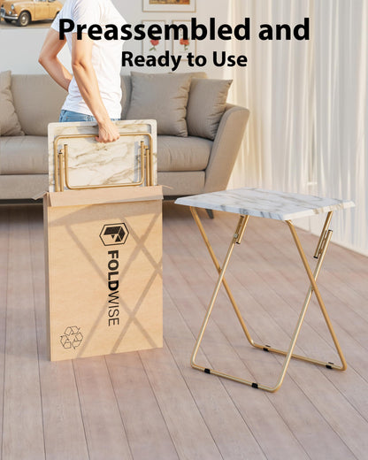 FoldWise Elegant Marble Stone Effect Folding Side Table – Fully Assembled Small Foldable Coffee Table & TV Dinner Tray – Compact Table for Eating, Snack, Bedside & Sofa Use