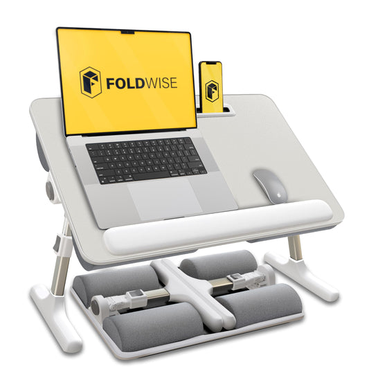 FoldWise 2-in-1 Bed Table & Lap Desk - Soft Cushions, Adjustable Height & Angle, Foldable with Wrist Rest, Tablet Holder, Edge Stopper & Laptop Table Non-Slip Leather, Ideal for Bed Desk, Sofa & Chair