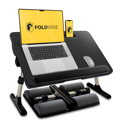 FoldWise 2-in-1 Bed Table & Lap Desk - Soft Cushions, Adjustable Height & Angle, Foldable with Wrist Rest, Tablet Holder, Edge Stopper & Laptop Table Non-Slip Leather, Ideal for Bed Desk, Sofa & Chair - Black