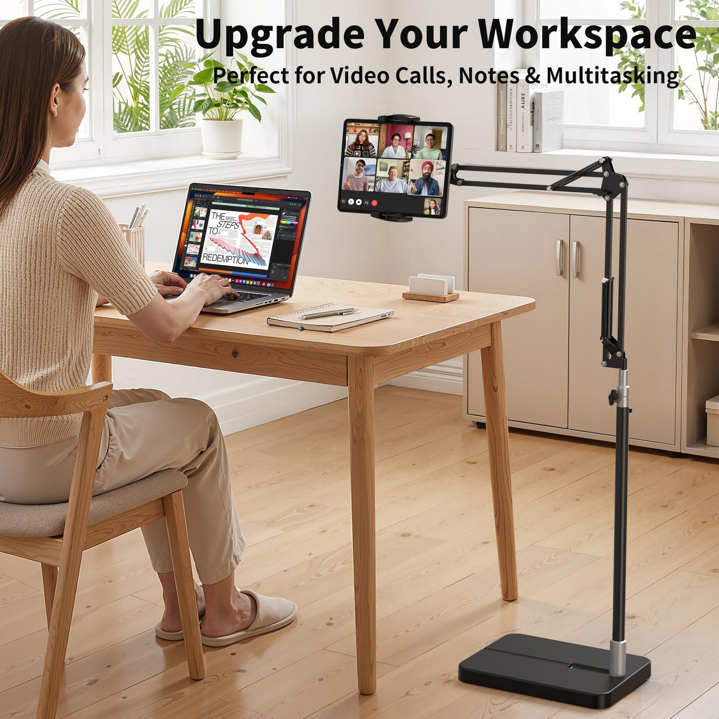 FoldWise Foldable iPad & Tablet Floor Stand — 360° Rotating, Height & Angle Adjustable | Sturdy 11lb Weighted Base | Compatible with iPad Pro, Kindle, Switch & All Tablets