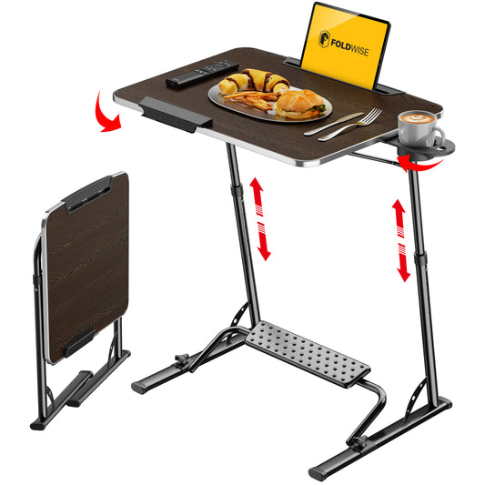 FoldWise Upgraded Folding TV Tray Table - Extra Large & Sturdy Laptop Table for Couch, Height & Angle Adjustable Desk for Dinner, Work & TV - Includes Footrest, Cup Holder, iPad Holder & Edge Stopper