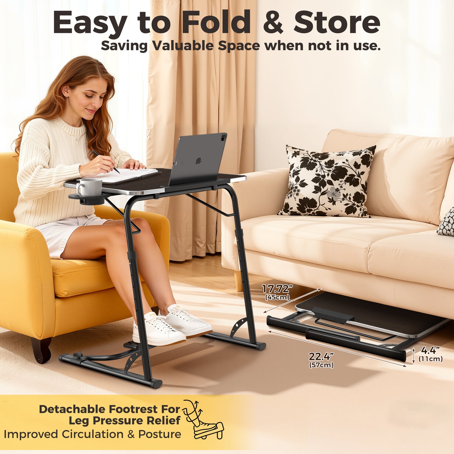FoldWise Upgraded Folding TV Tray Table - Extra Large & Sturdy Laptop Table for Couch, Height & Angle Adjustable Desk for Dinner, Work & TV - Includes Footrest, Cup Holder, iPad Holder & Edge Stopper