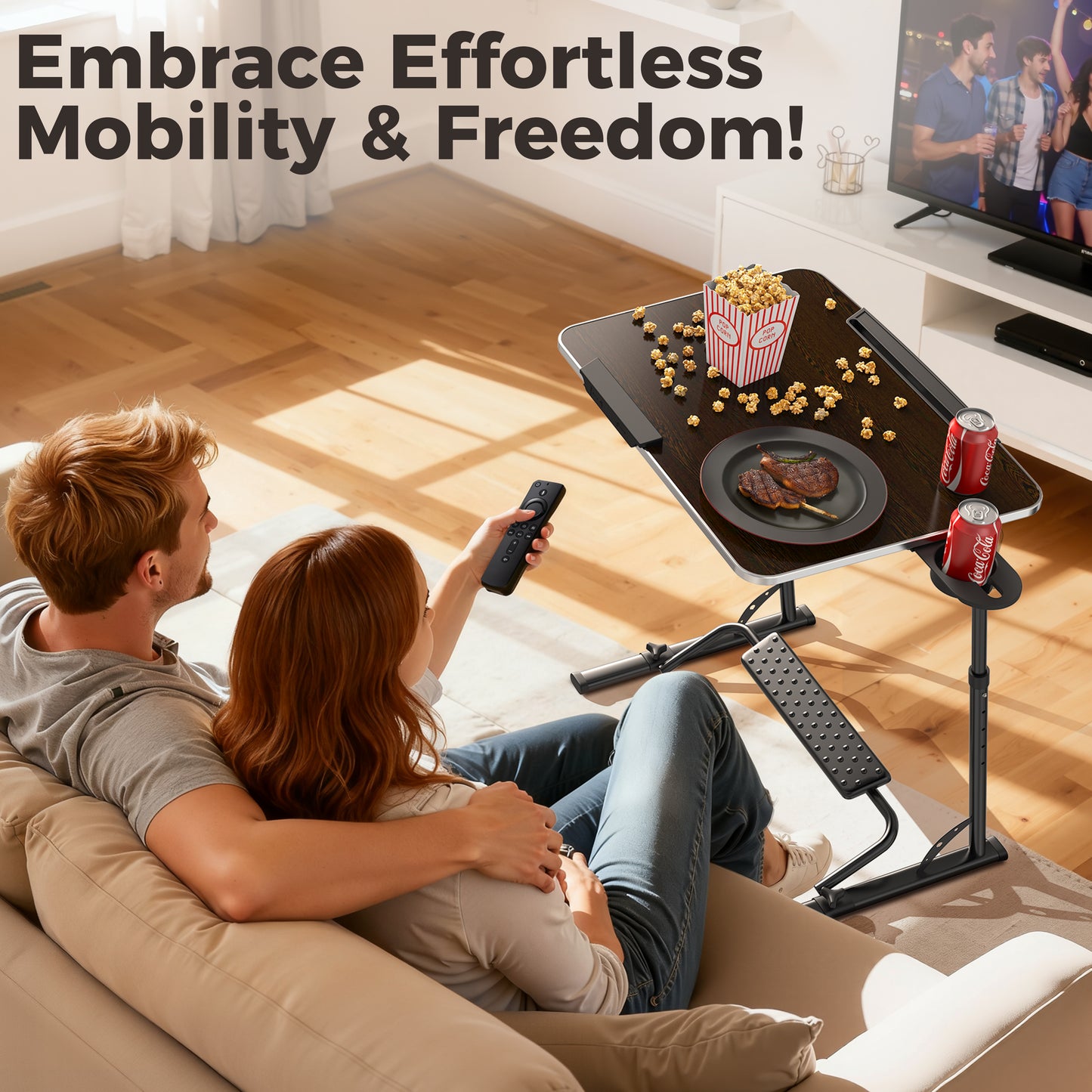 FoldWise Upgraded Folding TV Tray Table - Extra Large & Sturdy Laptop Table for Couch, Height & Angle Adjustable Desk for Dinner, Work & TV - Includes Footrest, Cup Holder, iPad Holder & Edge Stopper