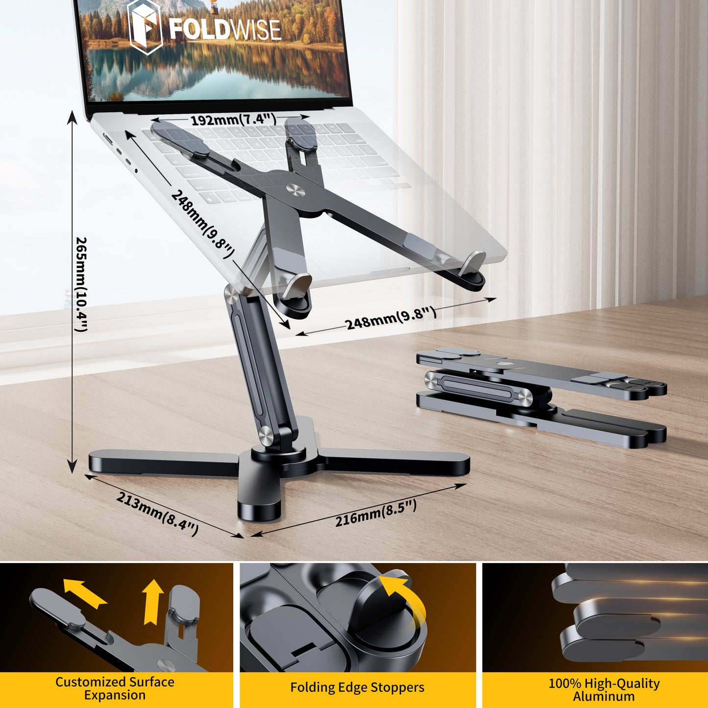 FoldWise X Premium Laptop Stand for Desk - 100% Aluminum, Portable & 360° Rotating - Adjustable Height & Angles Laptop Riser - Sturdy & Foldable MacBook Stand Compatible with All 11-18” Devices