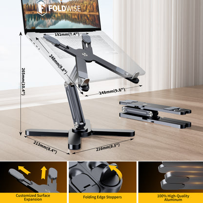 FoldWise X Premium Laptop Stand for Desk - 100% Aluminum, Portable & 360° Rotating - Adjustable Height & Angles Laptop Riser - Sturdy & Foldable MacBook Stand Compatible with All 11-18” Devices