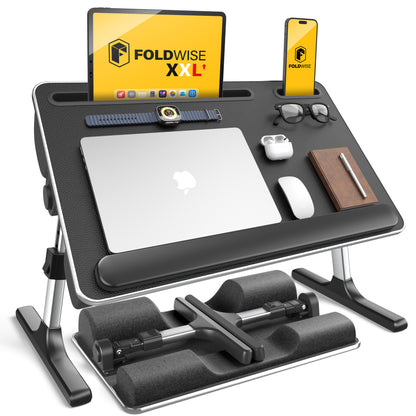 FoldWise 2-in-1 Bed Table & Lap Desk - Soft Cushions, Adjustable Height & Angle, Foldable with Wrist Rest, Tablet Holder, Edge Stopper & Laptop Table Non-Slip Leather, Ideal for Bed Desk, Sofa & Chair - Black