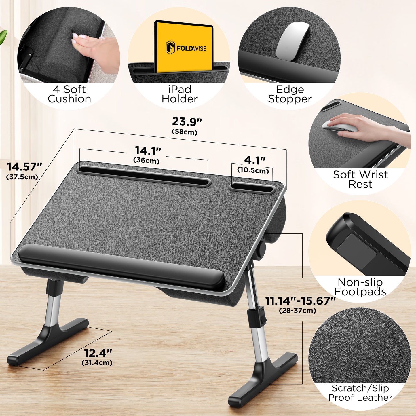 FoldWise 2-in-1 Bed Table & Lap Desk - Soft Cushions, Adjustable Height & Angle, Foldable with Wrist Rest, Tablet Holder, Edge Stopper & Laptop Table Non-Slip Leather, Ideal for Bed Desk, Sofa & Chair - Black